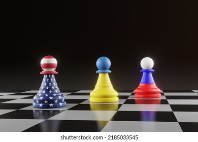 Chesss Showing The Flags Of Ukraine, Russia And The USA. 3D Illustration Of The Concept Of Conflict, Political Gridlock, Alliance Between Ukraine, Russia And The USA