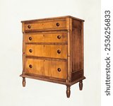 Chest of Drawers (1935-1942) by Arthur Mathews. Vintage Chest of Drawers furniture watercolor on paper art illustration, antique Chest of Drawers furniture design. Antique drawer art print.