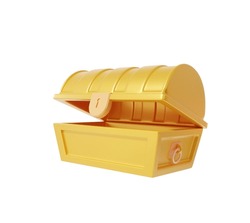 Chest Gold Open Icon On White Background. Game Treasure Box Coffer Concept. Cartoon Minimal Cute Smooth. 3d Render Illustration