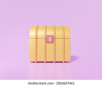 Chest Lock Icon On Purple Background. Game Treasure Box Coffer Concept. Cartoon Minimal Cute Smooth. 3d Render Illustration