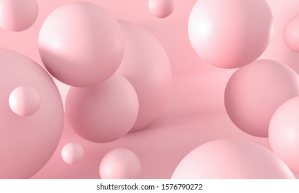 Chewing Gum Bubbles. Dynamic Bouncing Balls And Copy Space For Text. Pink Pastel Background Advertisement. Platform, Exhibition Base For The Template. Sweet Candies - 3d Render Illustration 