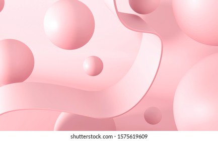 Chewing Gum Plate, Bubbles. Pink Pastel Background Advertisement. Platform, Exhibition Base For The Template. Sweet Candies - 3d Render Illustration. Dynamic Bouncing Balls For Valentine's Day Party