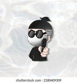 A Chibi Boy With Grey Abstract Background, He Holds A Gun In His Hand