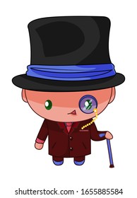 
Chibi. A Guy In A Burgundy Suit And Top Hat. Aristocrat, With Monocle And Cane. Smart Erudite Character. Fun Costume In Steampunk Style.