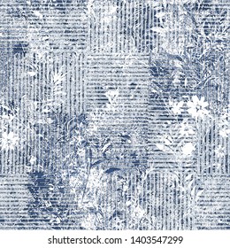  Chic Grunge Checks Texture  Effect On  Floral Seamless Pattern. Distressed Overlay Texture Design Illustration For Print. Fabric, Cloth, Scarf, Wallpaper, Wrapping, T Shirt, Linens, Fashionable Print