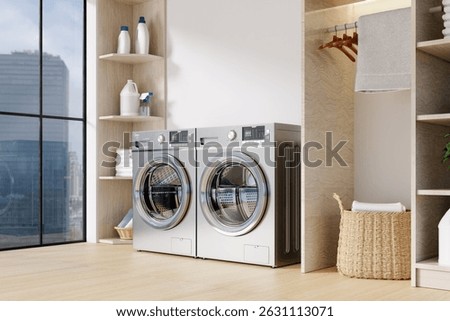 Chic laundry area showcasing modern washing machines and streamlined organization. 3D render illustration