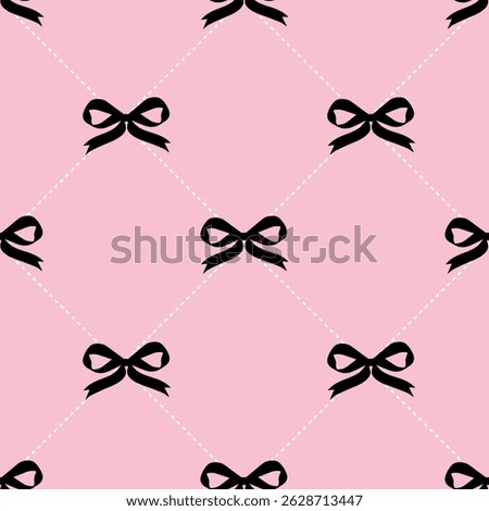 Chic seamless pattern featuring elegant black ribbon bows connected by dotted white lines forming a diamond grid on a soft pink background.