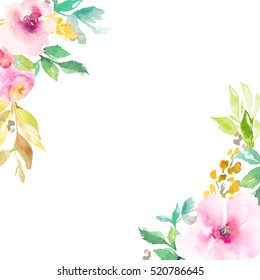 Chic Watercolor Flower Frame with Floral Corners and Blank Center for Custom Text