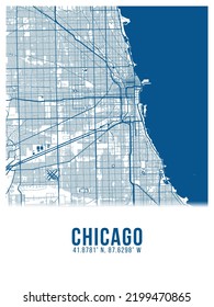 Chicago Blue Color City Map Poster