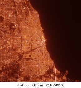 Chicago City Lights Map, Top View From Space. Aerial View On Night Street Lights. Global Networking, Cyberspace. High Resolution