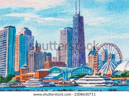Chicago Illinois. Chicago downtown. United States of America. Country in North America. Lake Michigan. Watercolor painting. Acrylic drawing art. A piece of art.