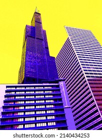 CHICAGO ILLINOIS UNITED STATES 06 23 2003; Willis Tower (formerly The Sears Tower) Has 108 Stories Sign Illustration Background Icon With Color Spots