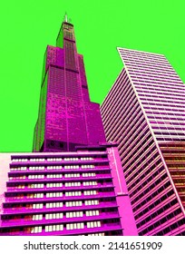 CHICAGO ILLINOIS UNITED STATES 06 23 2003; Willis Tower (formerly The Sears Tower) Has 108 Stories Sign Illustration Background Icon With Color Spots