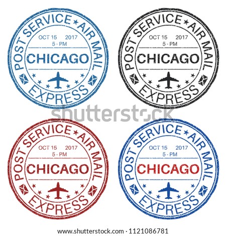 CHICAGO postmarks. Set of colored ink stamps. Illustration isolated on white background. Raster version