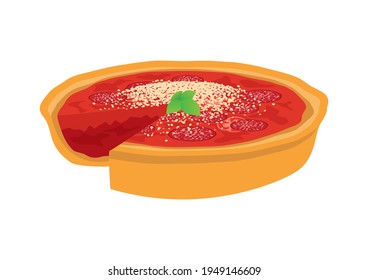 Chicago Style Deep Dish Pizza Illustration. Delicious Deep Dish Pizza Pie With Tomatoes, Salami And Cheese Icon Isolated On A White Background