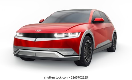 Chicago. USA. June 7, 2022. Hyundai Ioniq 5 2022. Ultra progressive electric hatchback SUV for people who love technology. Red car on a white isolated background. 3d illustration