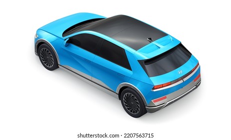 Chicago. USA. June 7, 2022. Hyundai Ioniq 5 2022. Ultra Progressive Electric Hatchback SUV For People Who Love Technology. Blue Car On A White Isolated Background. 3d Illustration