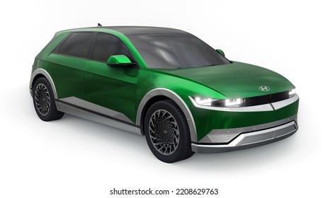 Chicago. USA. June 7, 2022. Hyundai Ioniq 5 2022. Ultra Progressive Electric Hatchback SUV For People Who Love Technology. Dark Green Car On A White Isolated Background. 3d Illustration