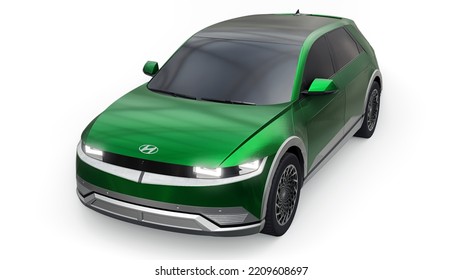 Chicago. USA. June 7, 2022. Hyundai Ioniq 5 2022. Ultra Progressive Electric Hatchback SUV For People Who Love Technology. Dark Green Car On A White Isolated Background. 3d Illustration