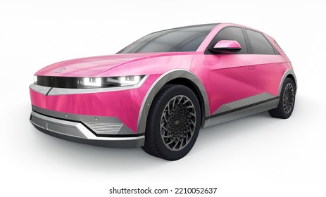 Chicago. USA. June 7, 2022. Hyundai Ioniq 5 2022. Ultra Progressive Electric Hatchback SUV For People Who Love Technology. Pink Car On A White Isolated Background. 3d Illustration