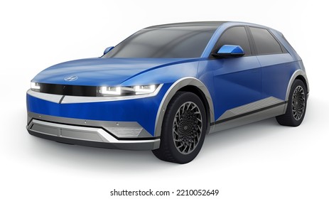 Chicago. USA. June 7, 2022. Hyundai Ioniq 5 2022. Ultra Progressive Electric Hatchback SUV For People Who Love Technology. Dark Blue Car On A White Isolated Background. 3d Illustration