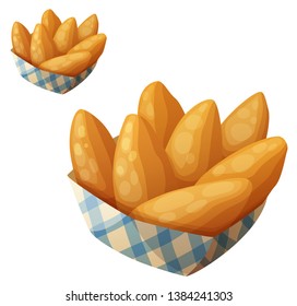 Chicken Fingers In The Paper Basket. Detailed Icon Isolated On White Background