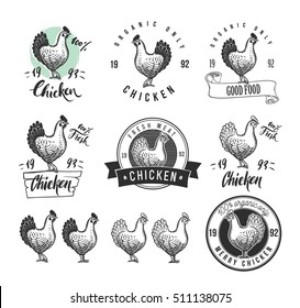 Chicken product logotypes set. Hen meat and eggs vintage produce elements. Badges and design elements for the chicken manufacturing.  - Powered by Shutterstock