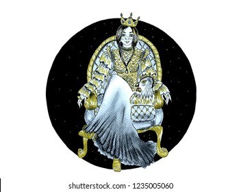 Chicken Queen Sitting On Chair Black And White Illustration Isolated On White Background