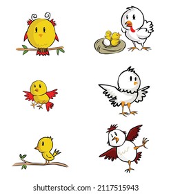 Chicken And Yellow Bird Cartoon Illustration Design