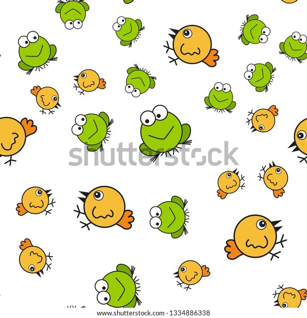 Chickens and frogs seamless pattern in\
cartoon style. On white background, \
illustration.