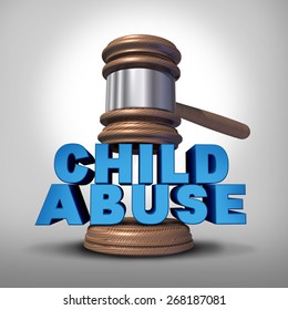 Child Abuse Concept And Criminal Abusive Mistreatment Of Children Symbol As A Justice Judge Gavel Or Mallet Coming Down On The Words That Represent The Criminal Act Of Neglect And Violence On Kids.