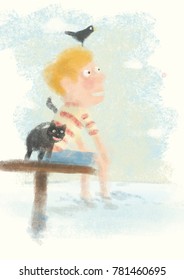 child alone near the sea with a cat and little bird