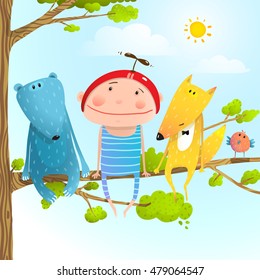 Child Animal Friends Childhood Sitting Tree Branch In Sky. Baby Kid And Fox, Bear Funny Friendship Colorful Cartoon. Raster Variant.