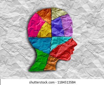 Child Autism Developmental Disorder Puzzle Children Symbol As An Autistic Child Awareness Icon As Pieces Of Crumpled Paper Coming Together To Form A Young Student Head In A 3D Illustration Style.