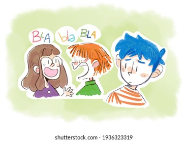 Child With Blue Hair Feels Excluded From Others.
Shy Child Isolates Himself. Cute Drawing For An Illustrated Story.
Design For Kids.