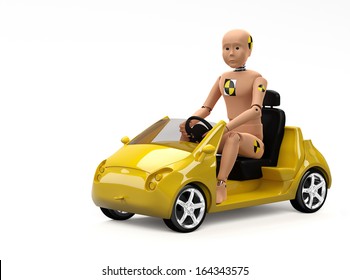Child Crash Test Dummy Sitting in a Car. 3D illustration.
