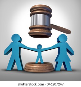 Child Custody Battle As A Family Law Concept During A Legal Separation Or Divorce Dispute As A Father Mother Icon Holding A Child Victim With A Judge Gavel Or Mallet Coming Down For Parenting Rights.