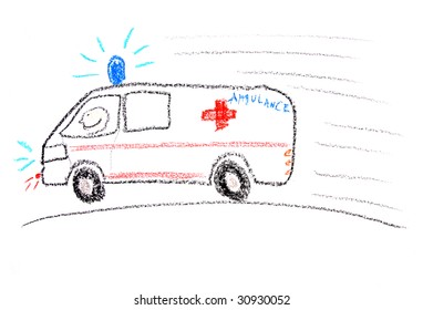 Child Drawing Of An Ambulance Made With Wax Crayons