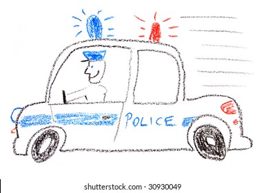 Child Drawing Of A Police Car Made With Wax Crayons