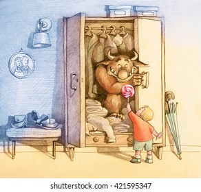 Child Draws A Cute Monster Living In A Closet, Use A Lollipop Illustration Of An Imaginary Friend Of A Child