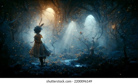 Child In Dress Walking Through Dark Forest.