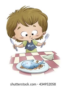 Child Eating A Fish Dish