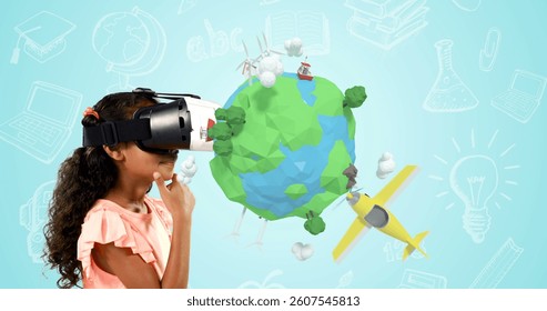 Child exploring virtual reality with VR headset, engaging with interactive 3D world. technology, innovation, immersive, futuristic, gaming, digital