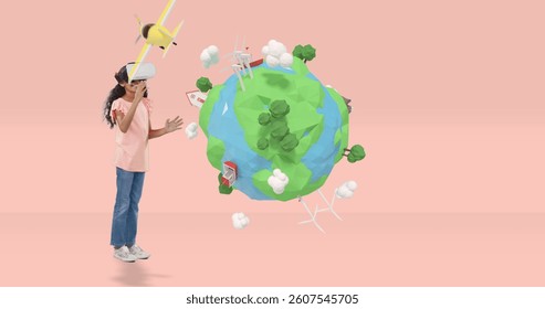 Child exploring virtual world with VR headset, interacting with digital Earth. Virtual reality, technology, exploration, innovative, interactive, futuristic