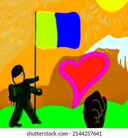 Child Hand Drawing Of Ukraine National Flag And Military Holding Flag Pole