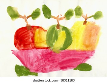 The child has drawn vase and apples    still  life