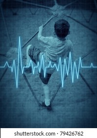 Child With A Heart Condition  And Asthma Represented By A Boy Playing At A Park With A EKG Heart Monitor Lifeline Medical Symbol Showing The Dangers Of Children With Physical Circulation Problems.