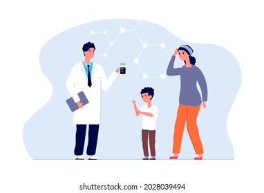 Child Itchy Skin. Frightened Mom, Doctor And Sick Boy. Treating Scabies, Allergies Or Chickenpox Illustration