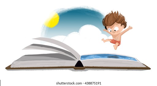 Child Jumping Into A Book. Soaking In The Summer Reading