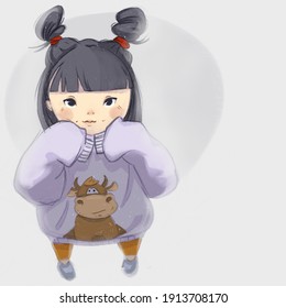 子供 大きなセーターを着た女の子 のイラスト素材